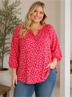 Tucker Silk Cotton Blouse XL Pink Red Abstract Print Peasant Boho Designer Top